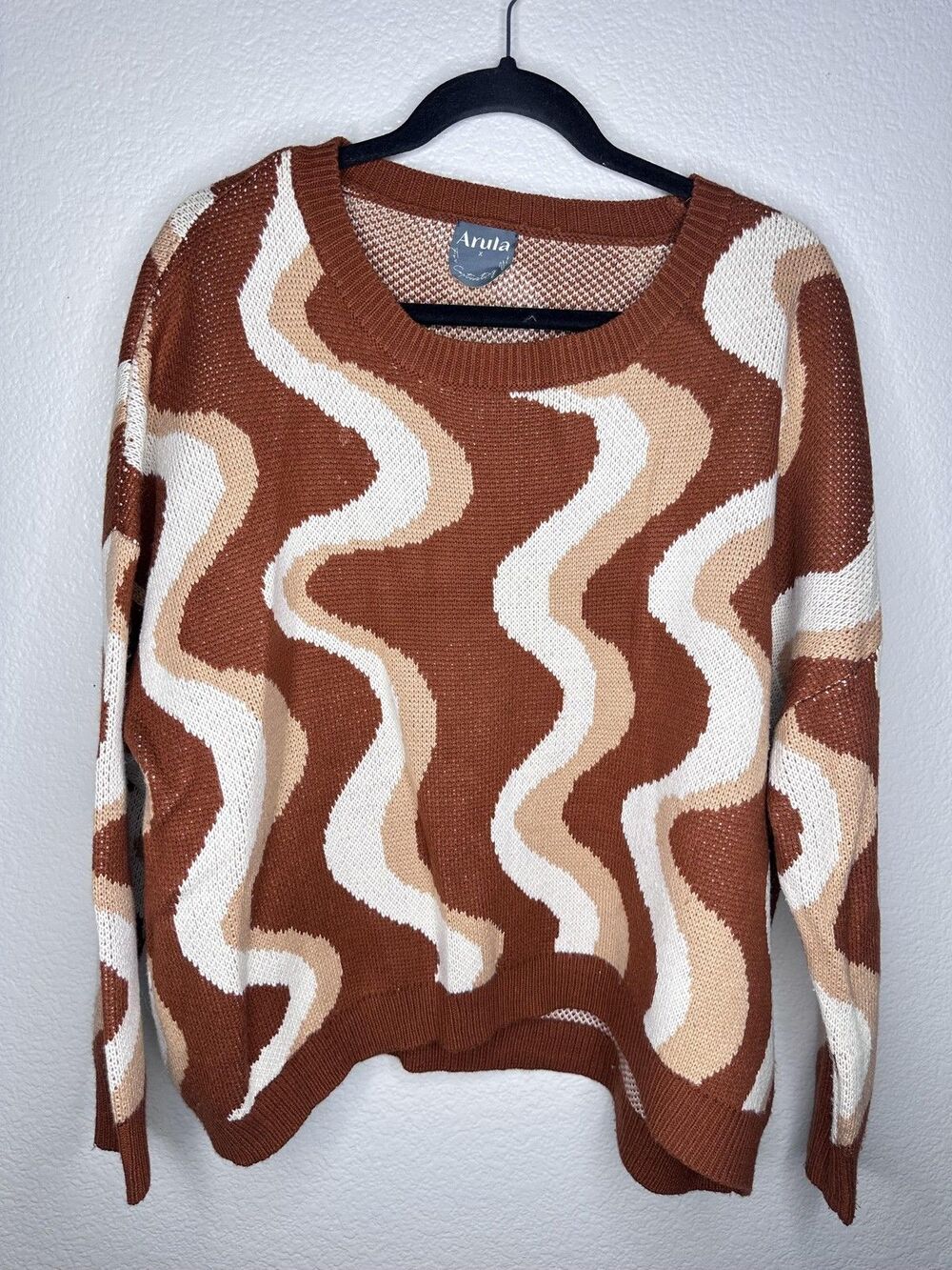 Arula Sweater Womens X Brown Retro Wave Print Crewneck Knit Pullover Plus Top